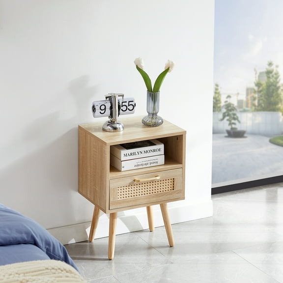 MAYEERTY 15.75" Rattan End Table with Drawer & Solid Wood Legs – Modern Nightstand for Living Room & Bedroom, Natural