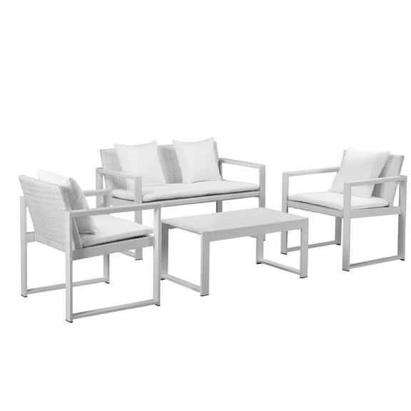 Benjara Lark 50 Inch Sofa and Table Set, All Weather Rattan, White Fabric Cushions