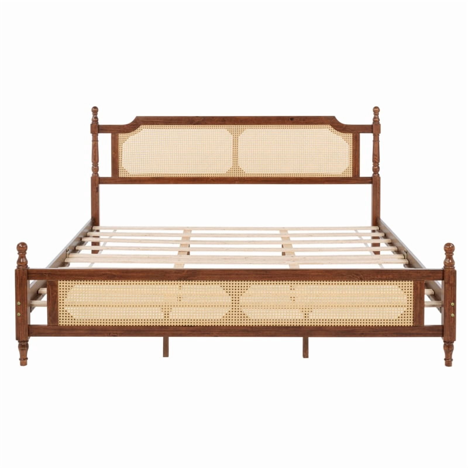 Luckynote King Size Solid Wood Bed Frame, Rustic Design with Rattan Headboard and Footboard, Walnut