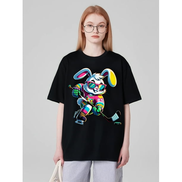 Happy Easter Bunny Hockey Rabbit Men Women Kid T-ShirtFather's Day, Mother's Day, New Year, Spring FCamisetas de verano para mujer, manga corta, cuello redondo, casual, lindo, con gráficos, camisetas