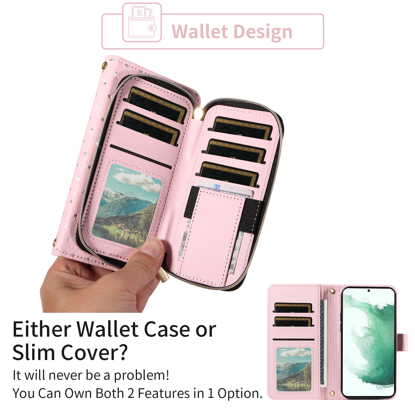 Compatible with Samsung Galaxy S22 Plus S22+ 5G Wallet Phone Case Tempered Glass Screen Protector Bling Glitter Crossbody Lanyard Strap Flip Zipper Purse Card Holder Cell Cover for S22 S + Women Pink