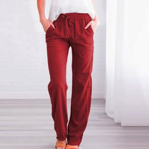 Blanc Vendredi Offres 2022 TIMIFIS Pants pour Women Women Casual Coton et Lin Solide Cordon Élastique Taille Longue Droite Pants Business Casual Pants pour Women