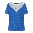 thumbnail image 5 of Zpanxa Summer Tops for Women 2023 Trendy Casual Cap Sleeve Lace Stitching T Shirts Blouse, Loose V Neck Short Sleeve Tee Shirts, Cute Floral Print Boho Summer Tops Blue S, 5 of 8