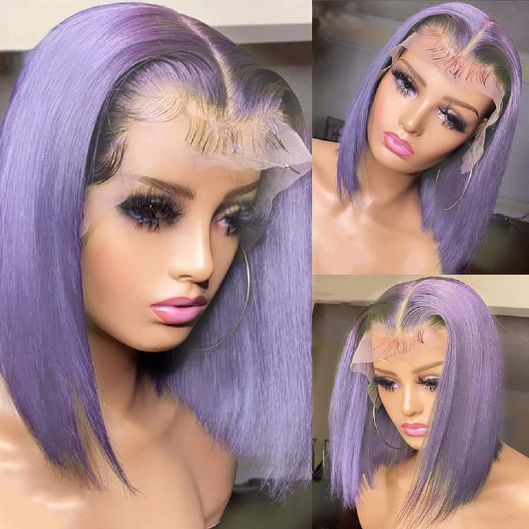 Purple Human Hair Wigs Bob Lace Front Wig with Baby Hair  display picture 2