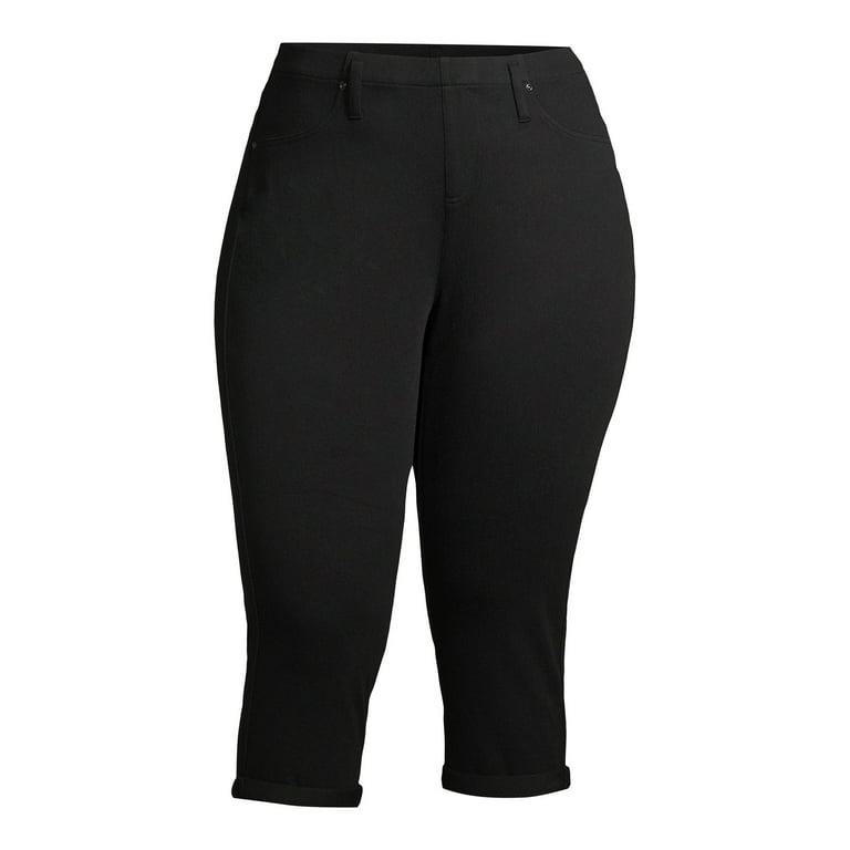 Plus-Size Mid-Rise Capri Jeggings. (6 Pack) • Faux front button closure •  Mid-rise • 5 Pockets • Faded color accents • Skinny capri leg • Super soft,  stretchy • Pull up styling