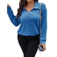 thumbnail image 3 of Suéter de Punto Informal de Talla Grande para Mujer, Cuello en V, Solapa, Color Liso, Camisa de Larga. Azul Real 5XL, 3 of 8