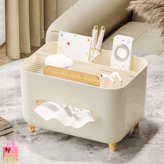 Multifunctional Tissue Box Cover Holder with Storage, Rectangular Napkin Tissue Organizer for Facial Tissues Stationery Remote Control, Decorative Box for Home Office Car Living Room