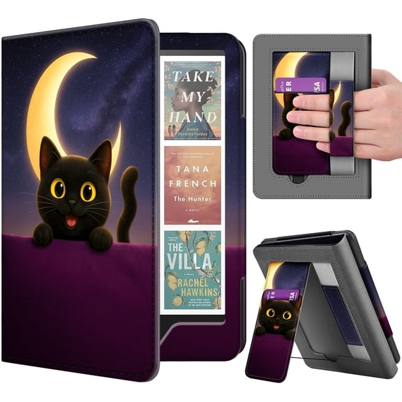Stand Case for Kindle Paperwhite 12th Generation 2024 / Kindle Colorsoft Signature Edition with Hand Strap & Card Slot - 7" PU Leather Protective Folio Cover with Auto Wake/Sleep, Cat Moon