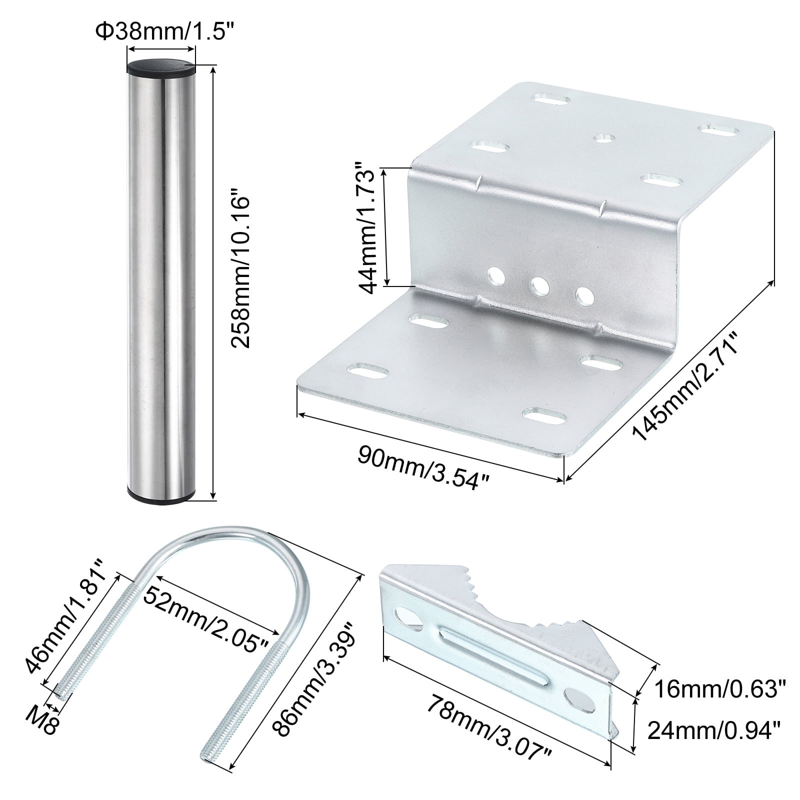 Antenna Pole Mounting Kit-Z-Bracket with Double U-bolt Clamp and 258mm Tube 1 Pack