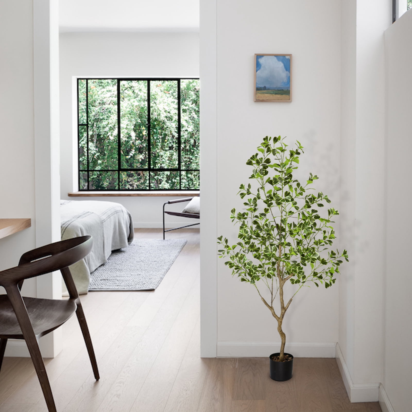 PARMPH 4.9Ft Artificial Ficus Tree, White-Edged Green Heart-shaped Ficus Plants in Pot with Natural Trunk and Realistic Leaves for Home Decor Indoor Outdoor Living Room Office Decorations