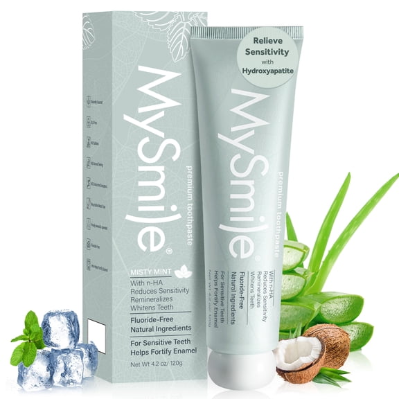 MySmile 10% Nano-Hydroxyapatite Toothpaste for Sensitive Teeth, Fluoride-Free Teeth Whitening Toothpaste, SLS Free, Repair Enamel & Remineralizer, Fresh Breath for Adults Natural Misty Mint, 4.2oz