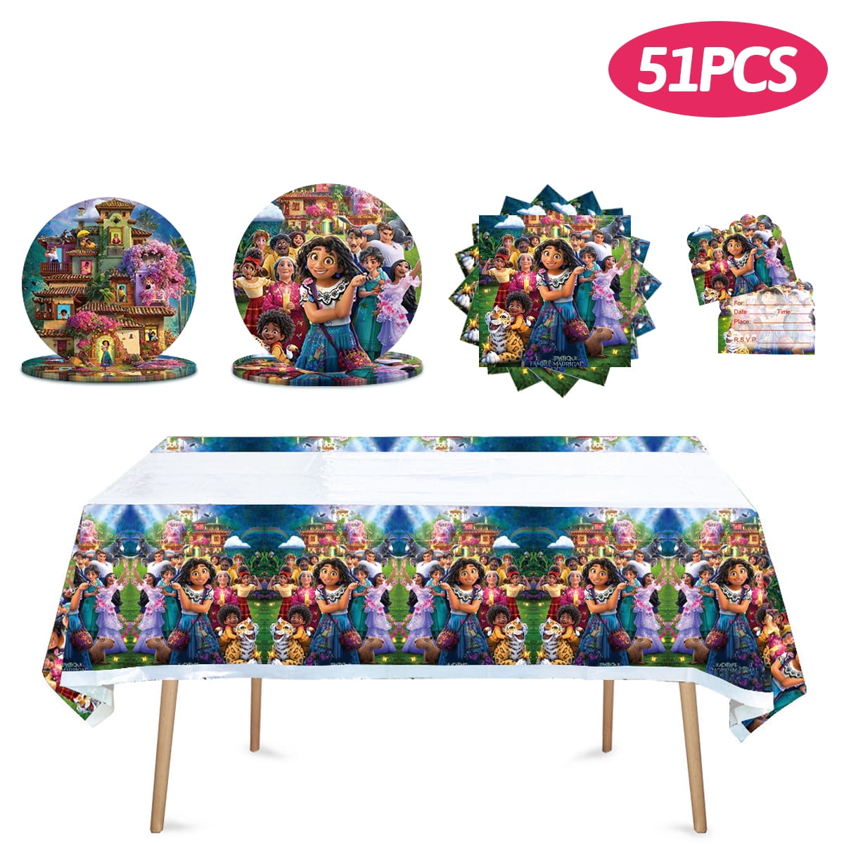 Encanto Party Tableware Set Paper Plates and Napkins Invitation Cards Tablecloth Plastic Table Cover for Encanto Girl Birthday Party Supplies Magic House Theme Party Dinnerware  Decorations
