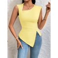 thumbnail image 5 of Womens Asymmetric Neck Slim Fit Cropped Solid Color Tshirt Elegant Basic Top Casual Chic Tee Light Yellow M, 5 of 9