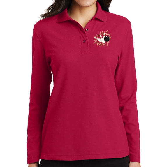 Ladie's Crashing Bowling Pins Moisture-Wicking Long Sleeve Polo Shirt, 3XL Red
