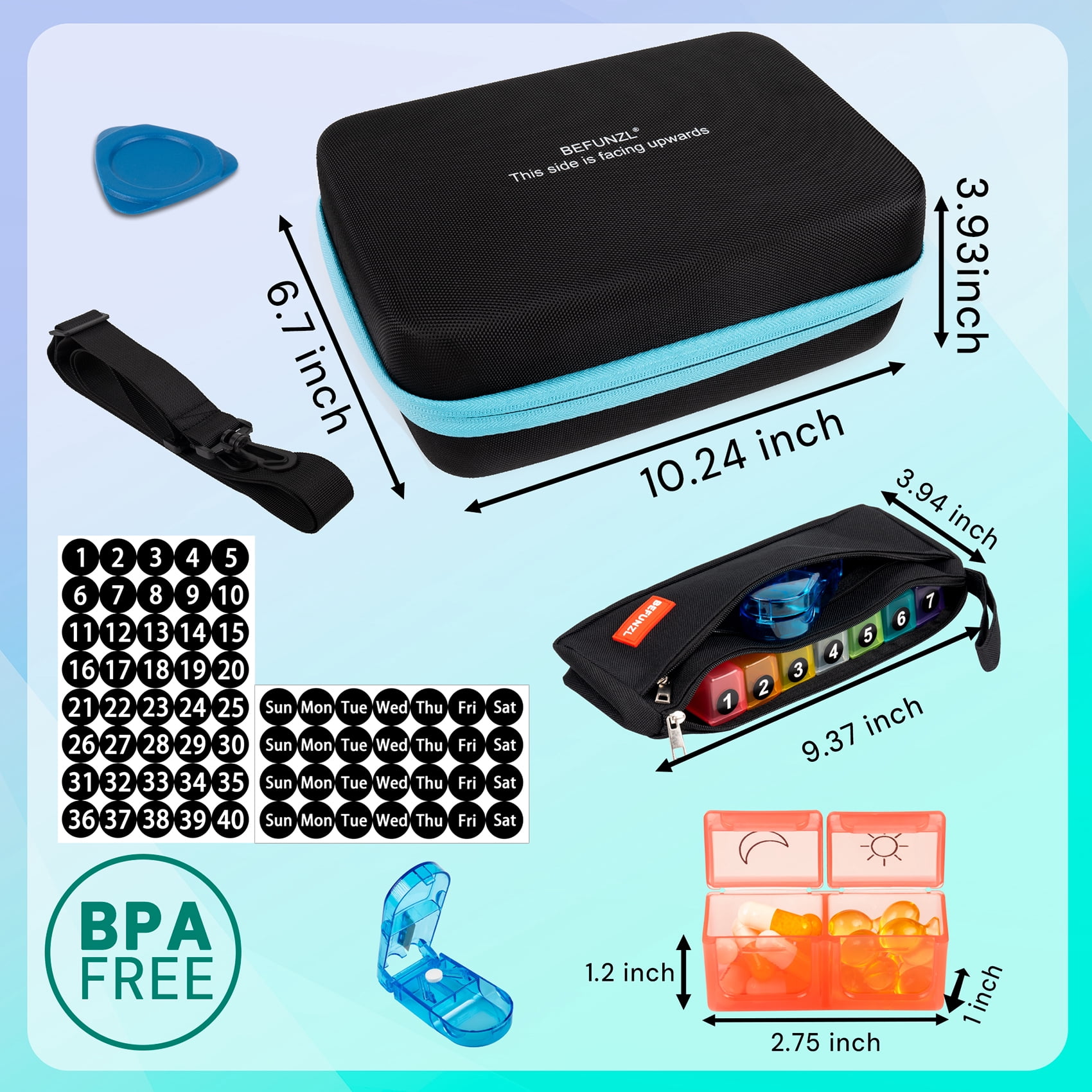 BEFUNZL Monthly Pill Organizer 2 Times a Day, Medicine Organizer Box with Portable Hard Shell and Pill Cutter, 31 Day Pill holder with Monthly and Weekly Sticker + Weekly Pill Bag 2 Times a Day