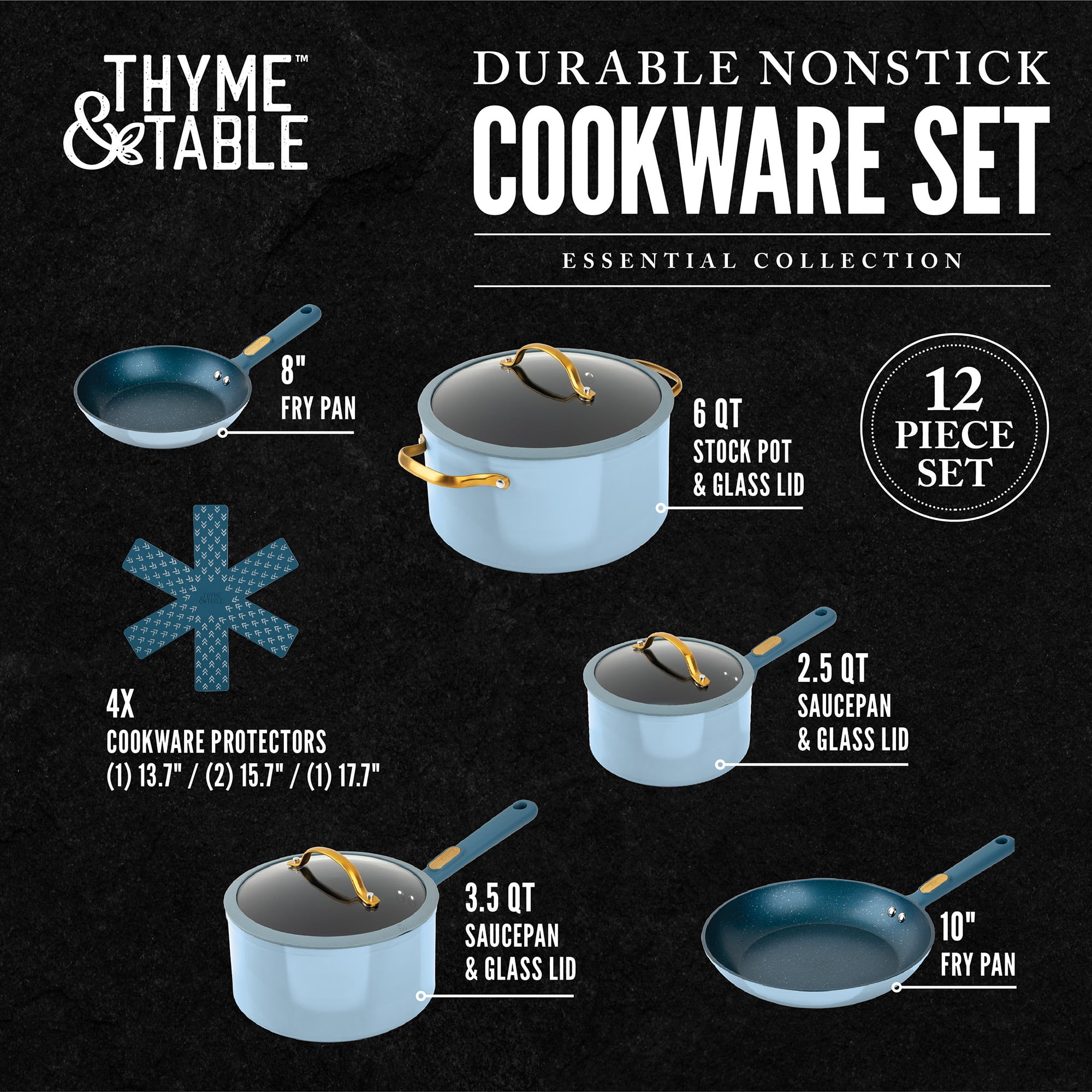Thyme & Table Nonstick 12 Piece Cookware Set, Taupe - Walmart