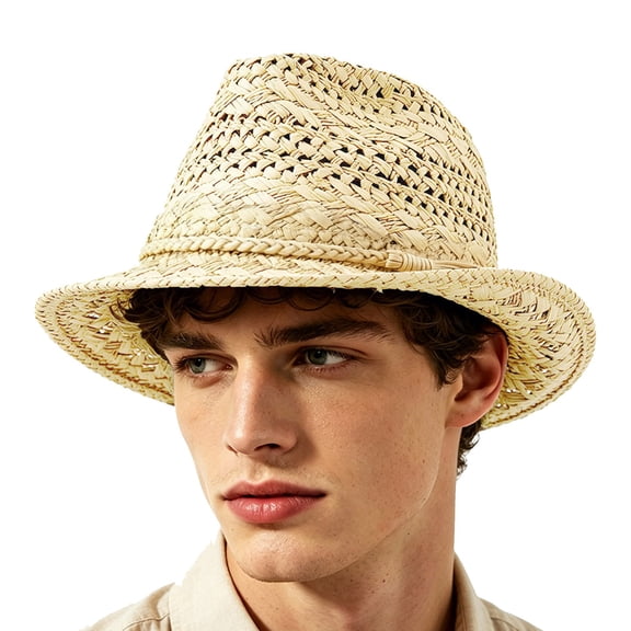 Unisex Hollow‑Woven Straw Fedora Hat Braided Leather Band Summer Travel Wide‑Brim Sun Hat Men Women Couple Outdoor Beach Panama Headwear