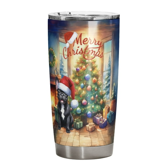 Merry Christmas French Bulldog Santa Hat Xmas Tree Winter Holiday 20oz Stainless Steel Tumbler Insulated Cup with Lid Dog Lover Gifts - 01013