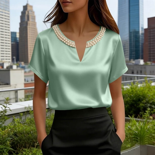 TaTaai Women's Loose Fit Summer Top Short Sleeve V-Neck Solid Color Pearl Accent Professional Office Casual Blouse Gift