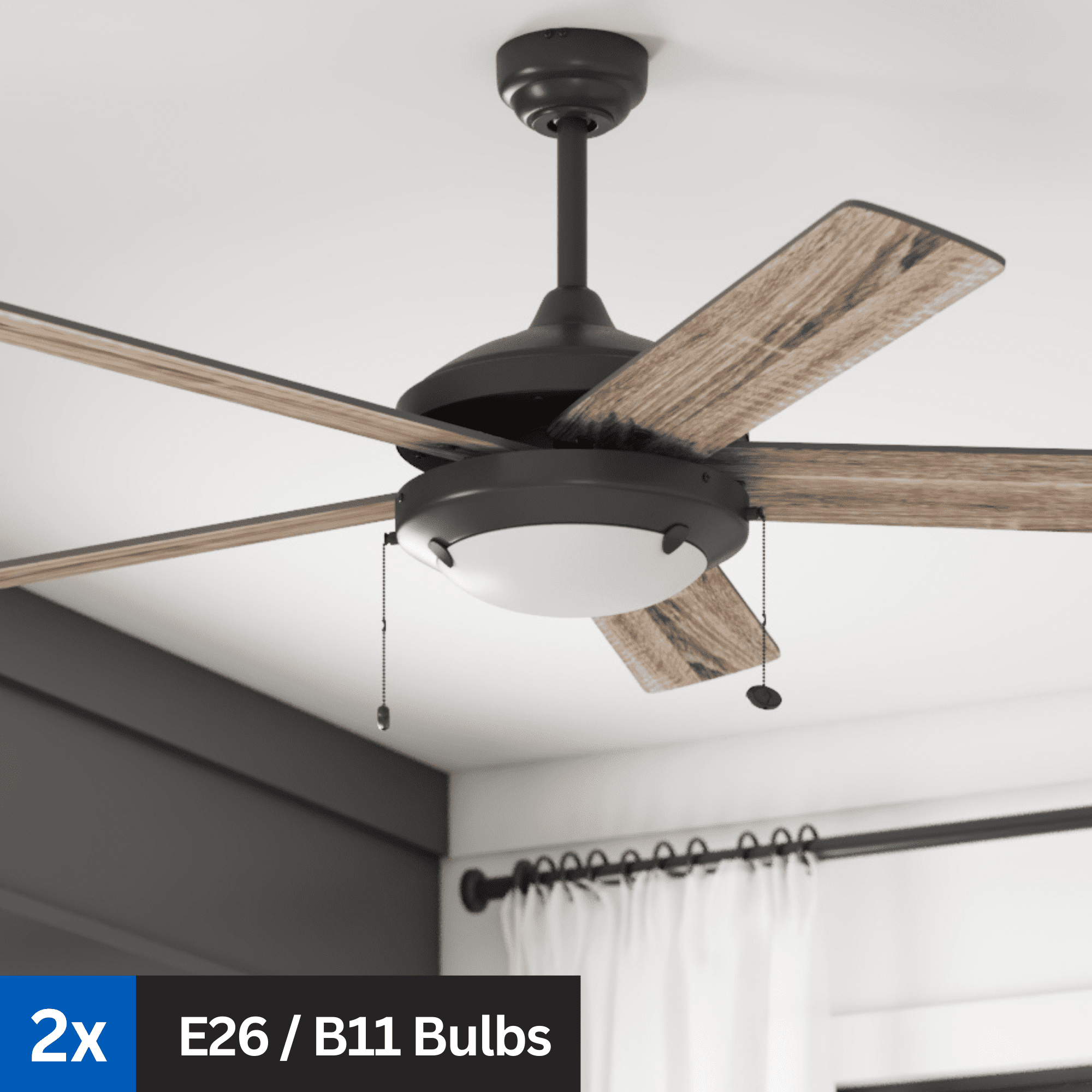 Mainstays 52" Matte Black Indoor Ceiling Fan with Light, 5 Blades, Pull Chain Control & Reverse Airflow