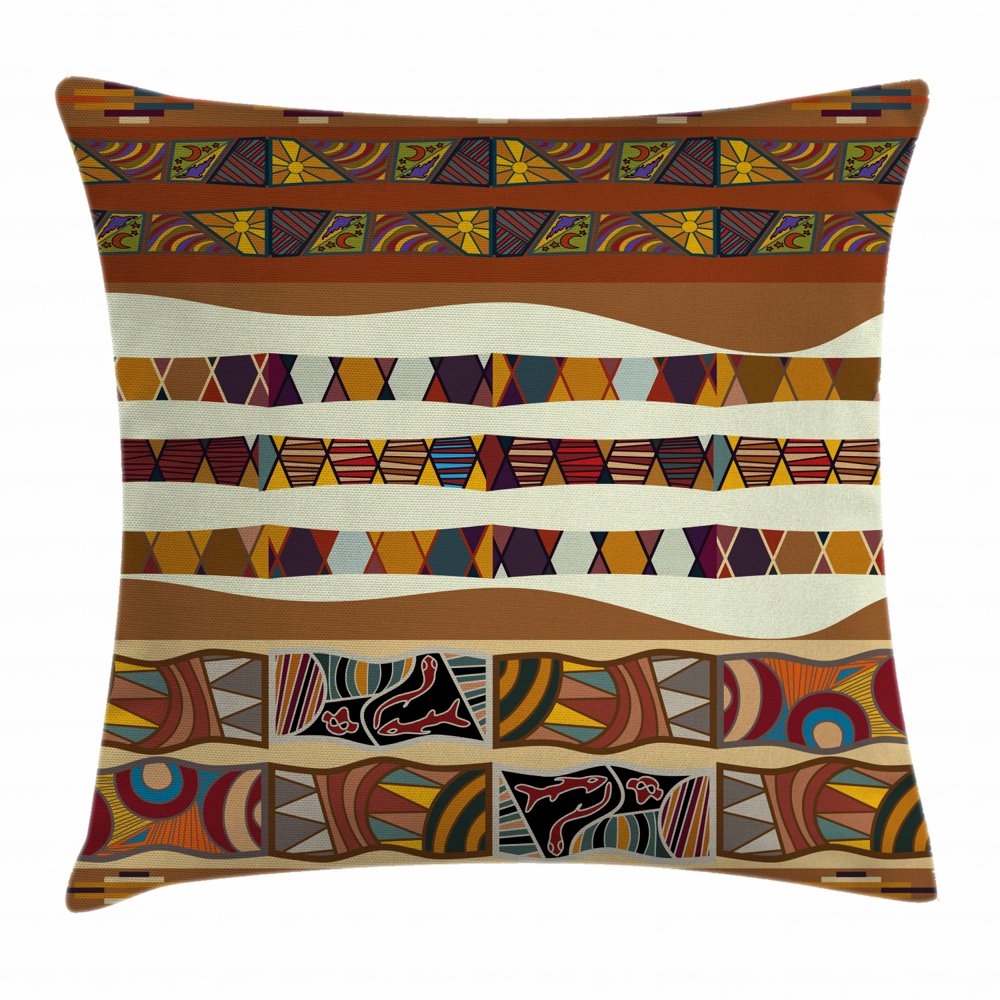 Tribal Throw Pillow Cushion Cover, Traditional African Folk with