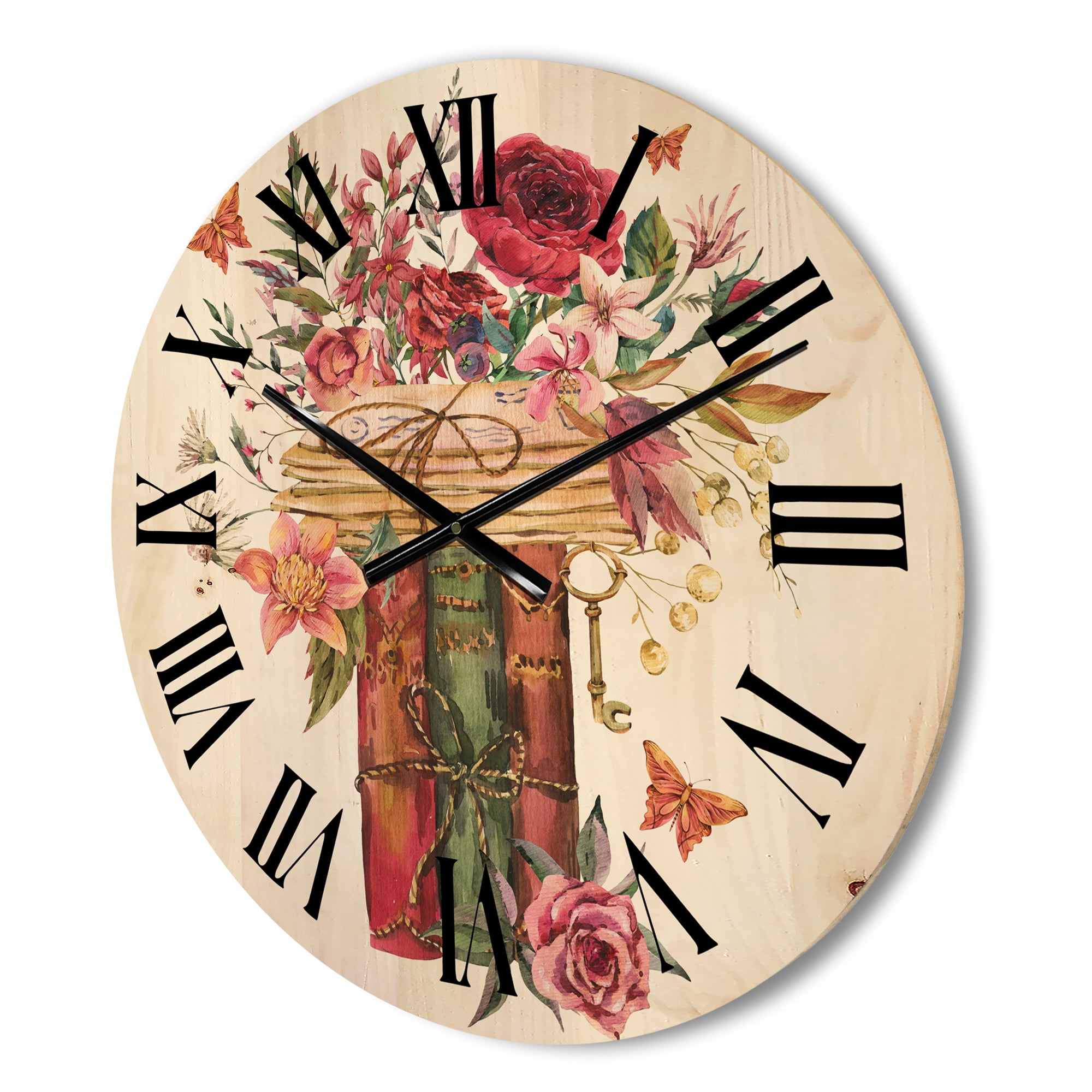 Designart 'Wildflowers With Vintage Old Books' Farmhouse Wood Wall Clock