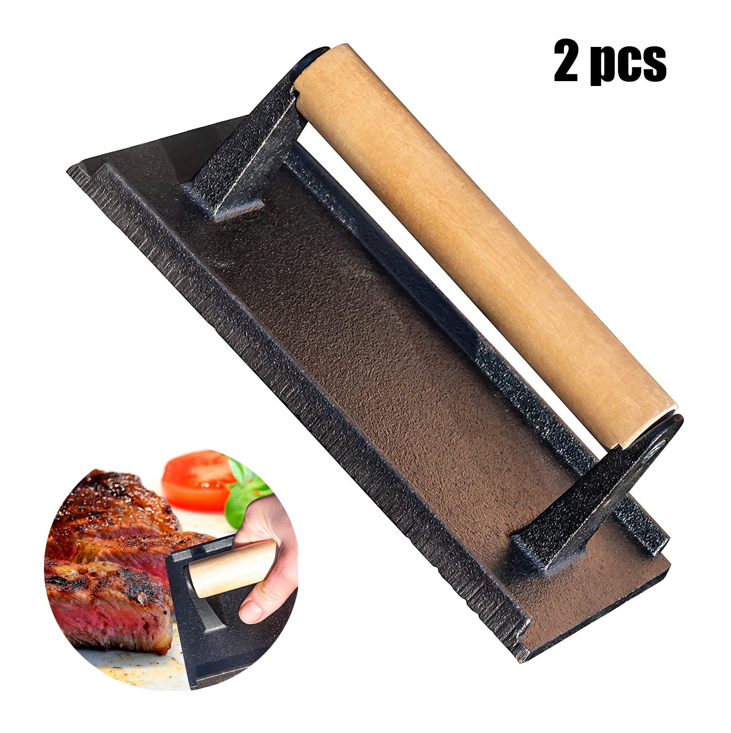 Versatile, SafeTouch 8x4in Cast Iron Grill Weight 1pc. Perfect Meat Press With Wooden Handle