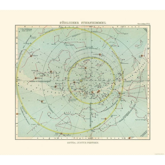 Historic Map - Celestial South Pole - Perthes 1914 - 26.16 x 23 - Vintage Wall Art