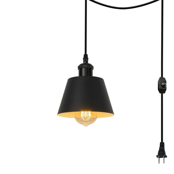 FSLiving Hanging Swag Lamp no Wiring Needed Portable Pendant Light with 15ft Plug-in UL Dimmable Cord Black Light Modern Shade Iron Cone Shape,Ceramic liner Lamp Socket MINI Hanging Lamp Light