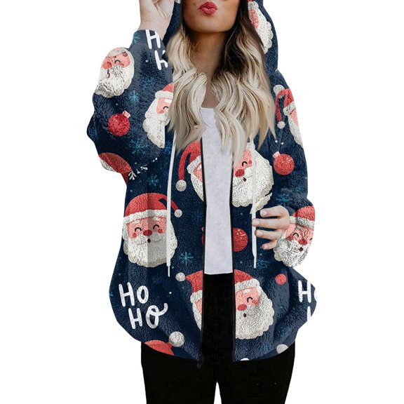 Women's Fashionable Casual Zippered Hooded Sweatshirt Jacket with Christmas Print and Drawstring, Furry Plush for Winter,Dark Blue,M