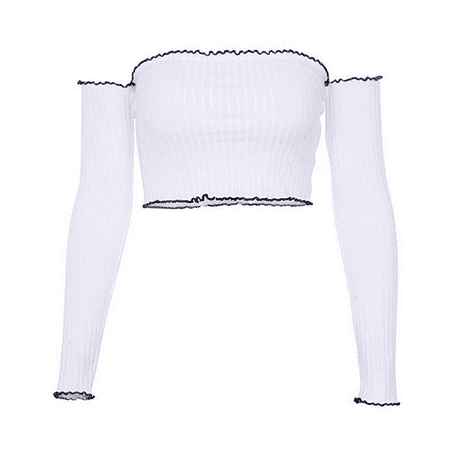 Aeroquip Tube Sleeve Womens Wooden Ear Long Sleeve Sexy One Word Collar Perspective Tube Top Vest Knits Tees ()