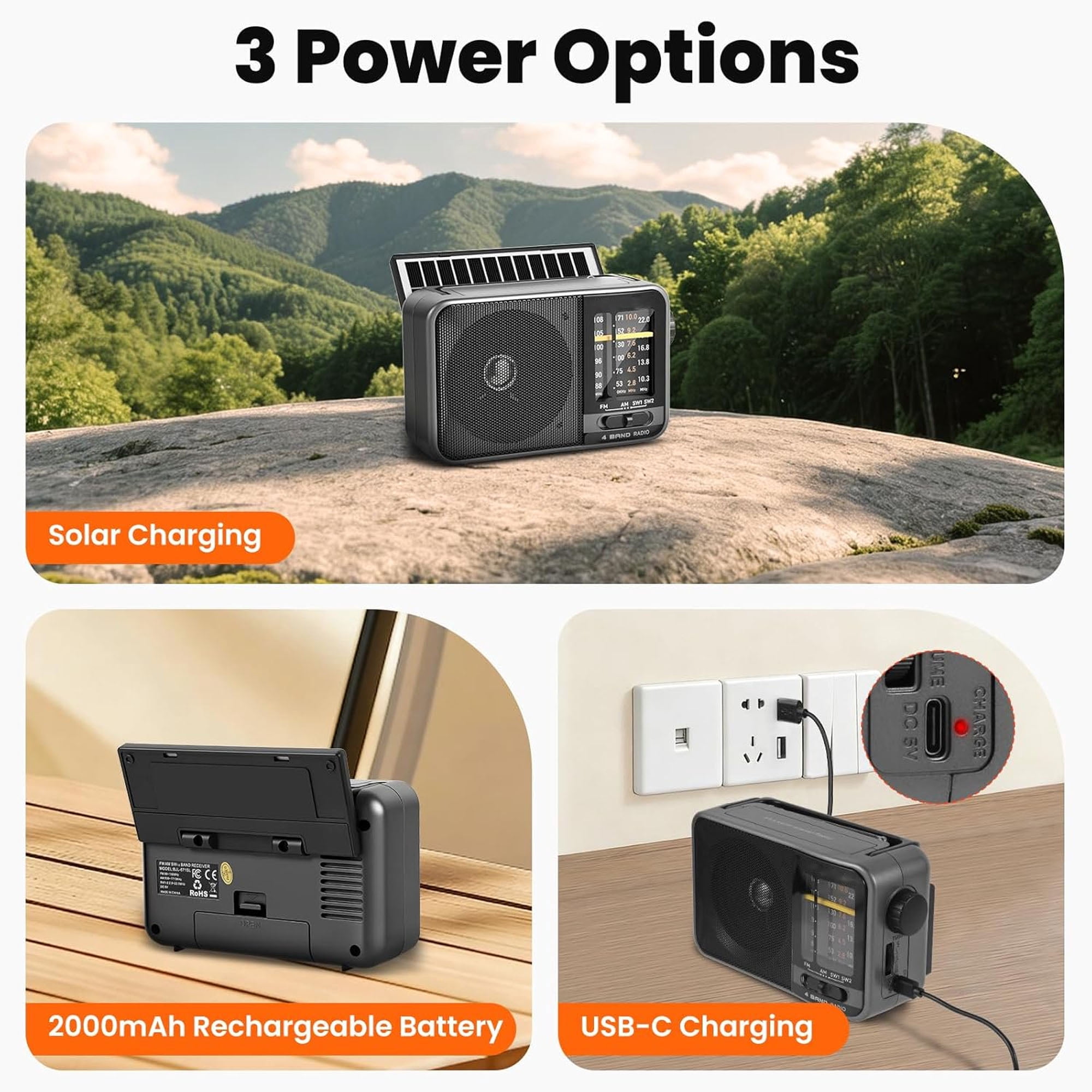 Portable Radio, AM/FM/SW Radio with Loud Speaker, Built-in Rechargeable Battery and USB-C - Emergency Radio for Outdoor, Camping, Travel, Storms and Power Outages