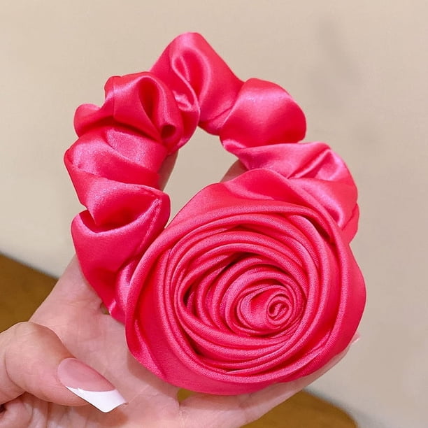 Anillo de pelo de rosa de satén para el intestino grueso, accesorios para el cabello de cuerda para el cabello de rosa dulce de súper hada de primavera y verano para mujeres coreanas