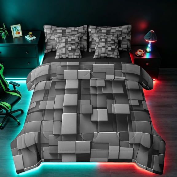 Manfei 3D Geometric Cubes Twin Bedding, Gray Checkered Bedding Comforter Set, Black Reversible 7 Pieces