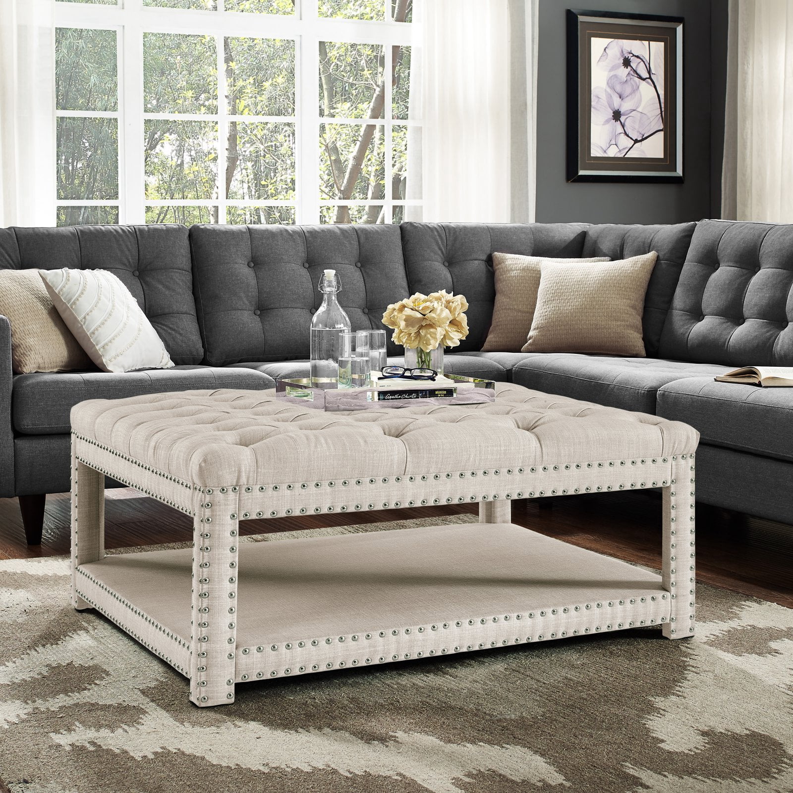 Right2Home Modern Nailhead Tufted Cocktail Ottoman