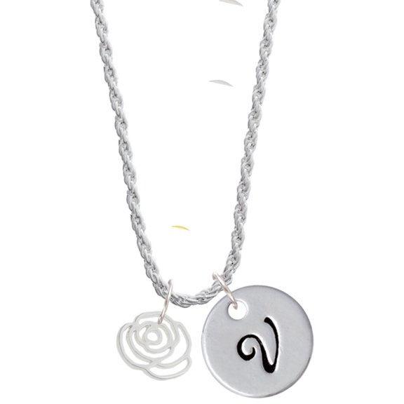 Delight Jewelry Silvertone Small Rose Outline Silvertone Script Initial Disc - V - Charm Necklace, 20"+3"