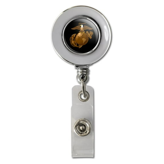 Marine Corps USMC Golden Logo on Black Eagle Globe Anchor Officially Licensed Retractable Reel Chrome Badge ID Card Holder Clip