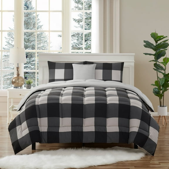 4 Piece Buffalo Plaid All-Season Comforter, 2 Shams & Throw Pillow Set - Black & Grey, King