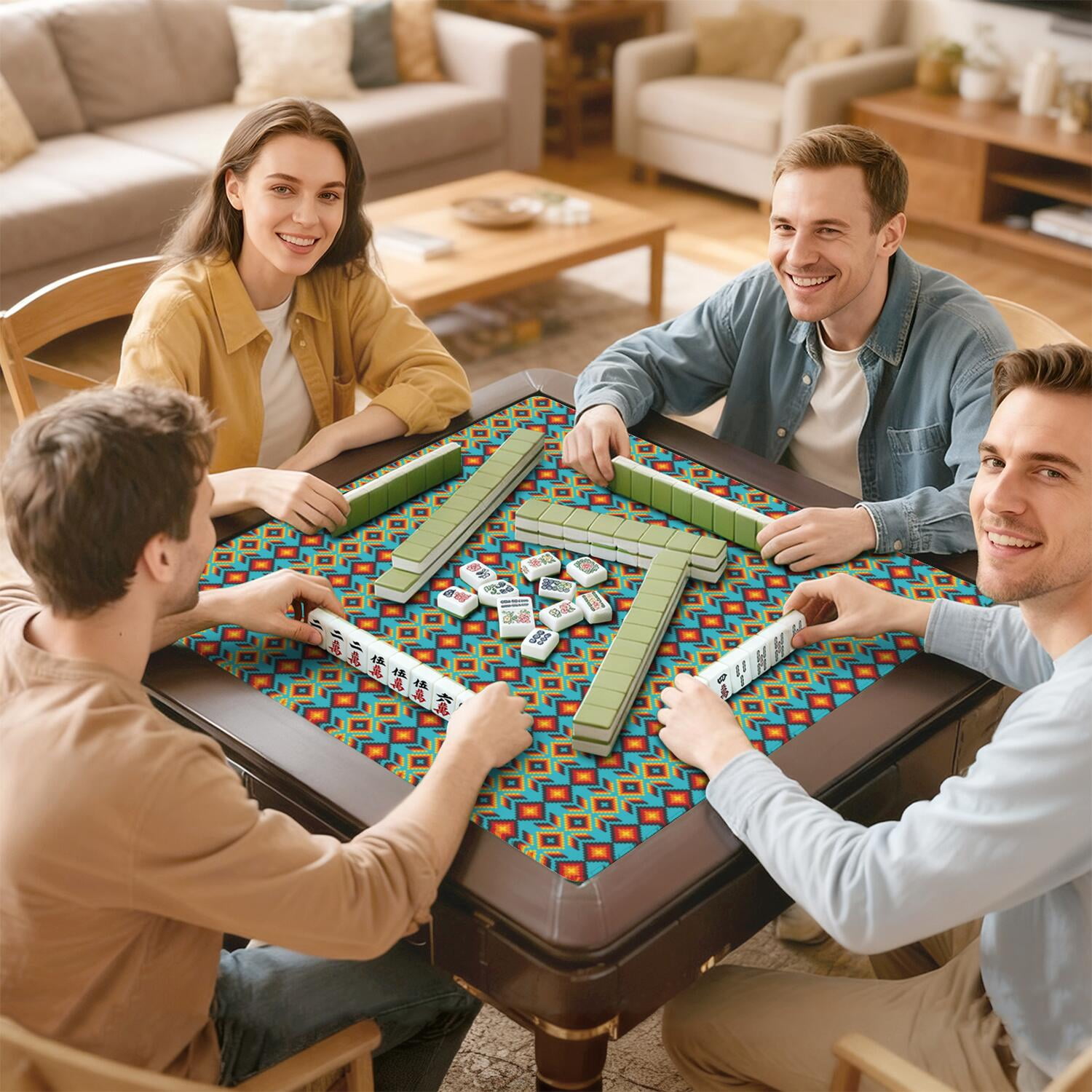 Decorative Boho Print Playing Mat for Mahjong Tables 31.5x31.5 Inch Rubber Surface with Anti-Slip Grip and Noise Dampening for Board Games and Game Room