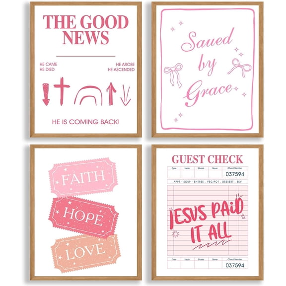 4Pcs Coquette Pink Bow Wall Art Decor Posters, Pink Bow Wall Posters with Bible Verses, Religious Poster Present,spirational Bible Verses Bow Wall Decor, Christian Gifts for