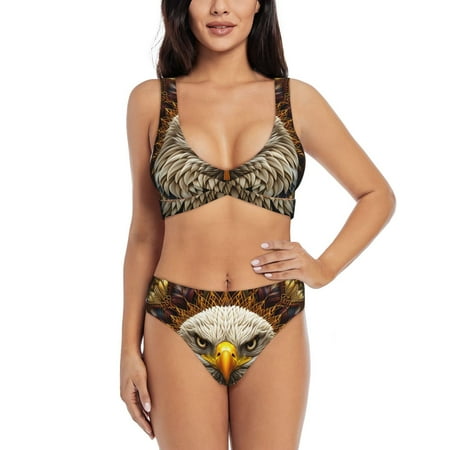 Zeuib Vintage Pattern Bald Eagle High Waisted Tummy Control Bikini Set - Knot Front Push Up Top & Cheeky Thong Bottom  Two-Piece Swimsuit for Women-Large