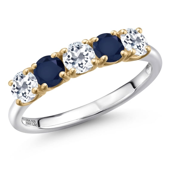 Gem Stone King 925 Silver and 10K Yellow Gold White Topaz and Blue Sapphire Wedding-Bands Ring for Women | 1.69 Cttw | Round 4MM | Gemstone November Birthstone | Size 8