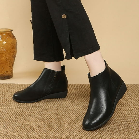 Roncen Women's Ankle Boots Fall Winter Casual Retro Round Toe Side Zipper Comfortable Wedge Heel Booties - Versatile Chic Slip-On Shoes for Daily Wear