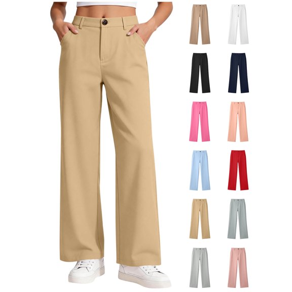 Xaqiouau Girls High Waist Wide Leg Dress Pants Straight Leg Trousers with Pockets Button Front Side Pockets Solid Color Casual School Daily Wear Khaki 9-10Years