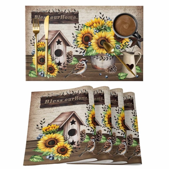 Placemats 1 Pack, Farmhouse Sunflowers Woven Placemat, Linen Place Mats for Kitchen/Dining Tables, Western Star Country Bird Pine Cone Washable Table Mats for Party