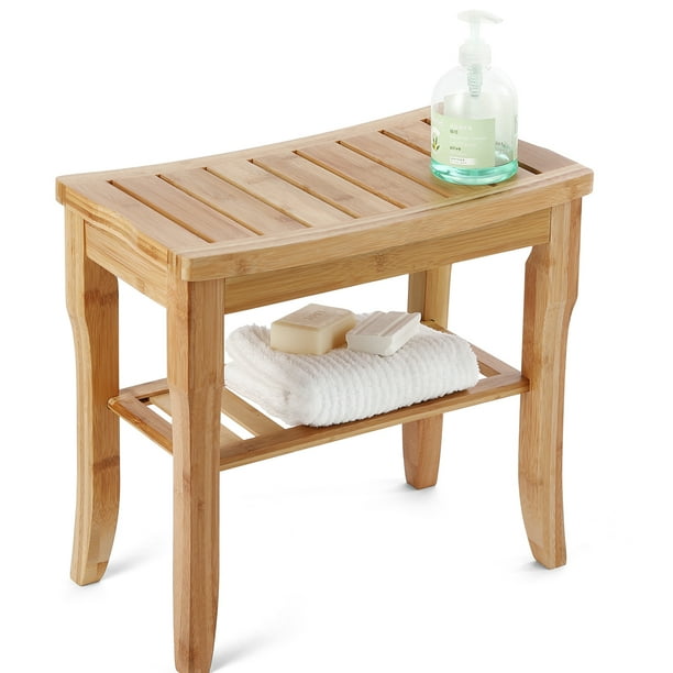 Bamboo Shower Caddy Bathroom Bench Sturdy Waterproof Stool with Shelf