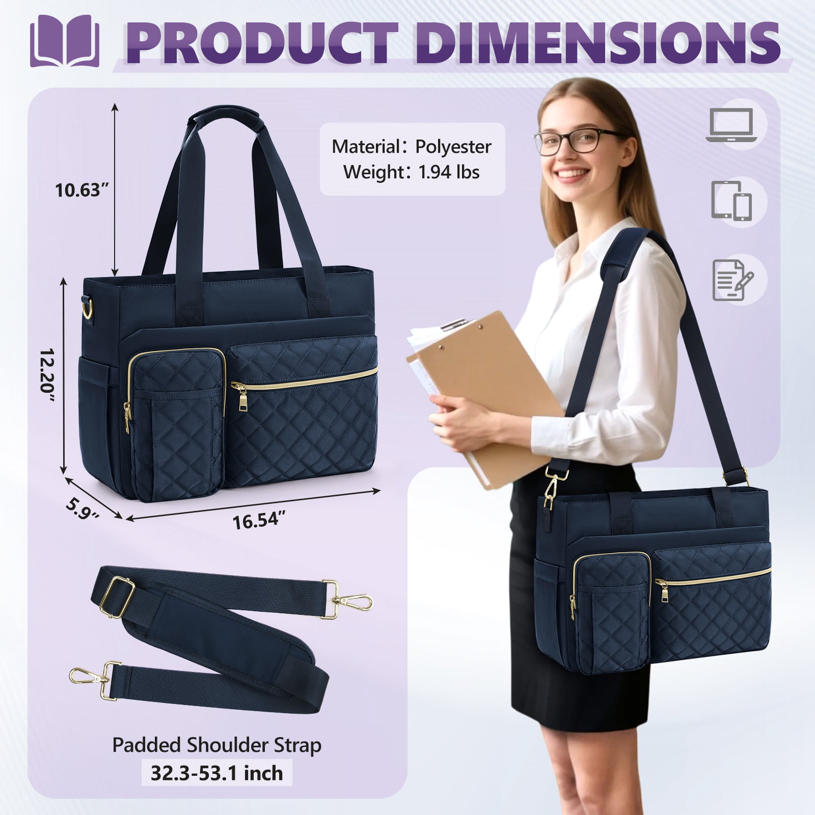 Teacher Tote Bag 15.6 inch Laptop Bag for Women Laptop Briefcase Work Bags Nurse Tote Professional Computer Messenger Shoulder Bags for Office, College, Nursing,DarkBlue