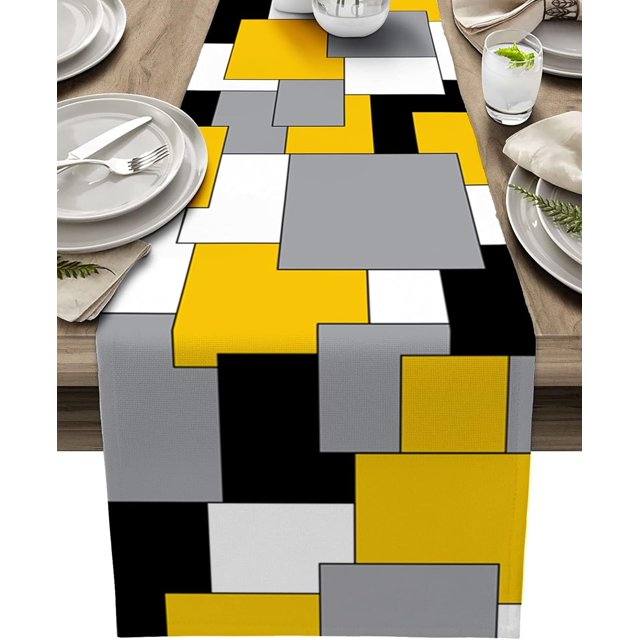 Farmhouse Table Runner Linen Burlap Table Runners 108 Inches Long, Modern Abstract Art Color Block Gray Black and Yellow Table Runner for Dresser, Party, Living Room, Dining Table Decor 13"x108"