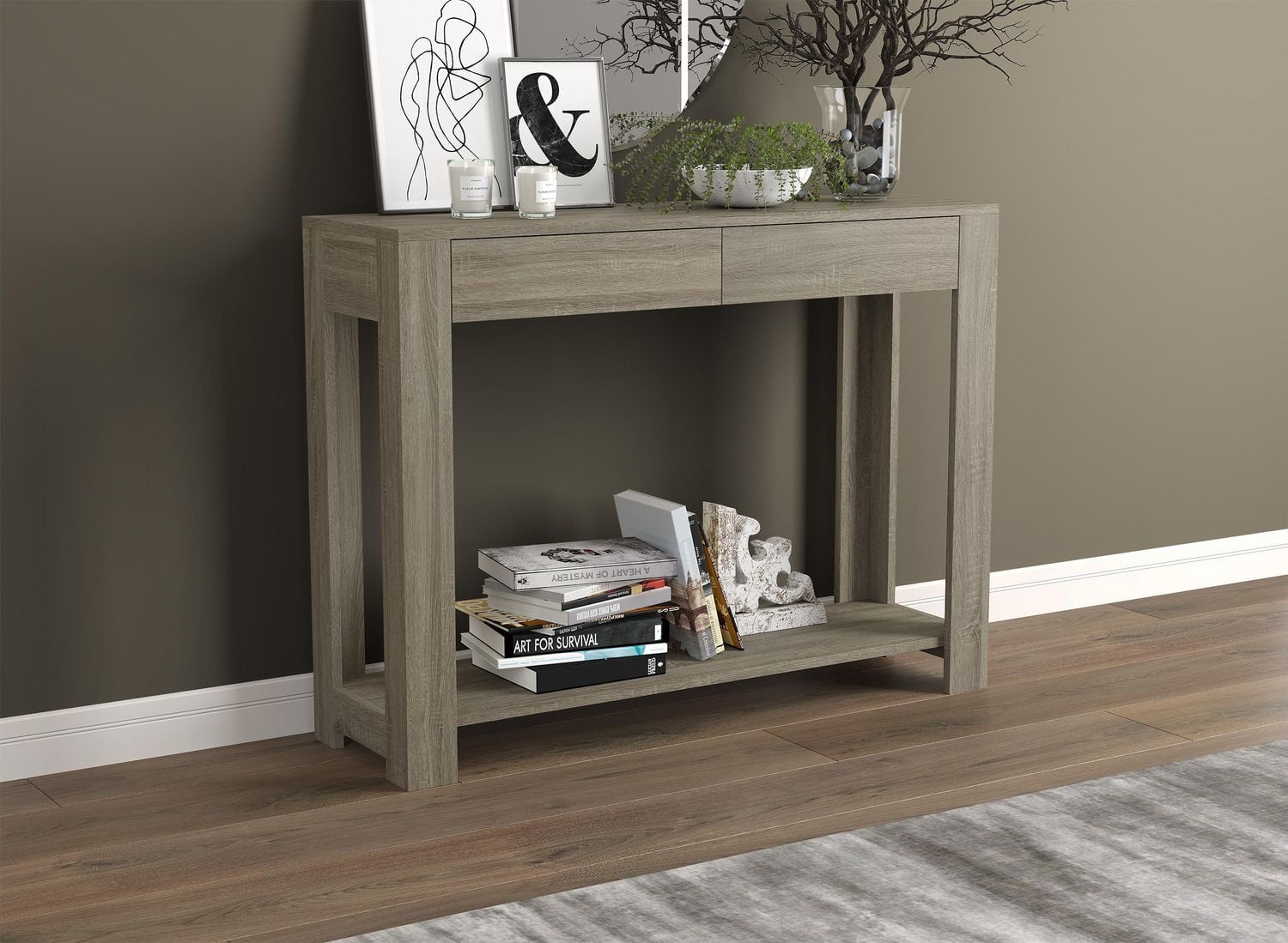 Safdie & Co. Console Table 40L Dark Taupe 2 Drawers 1 Shelf