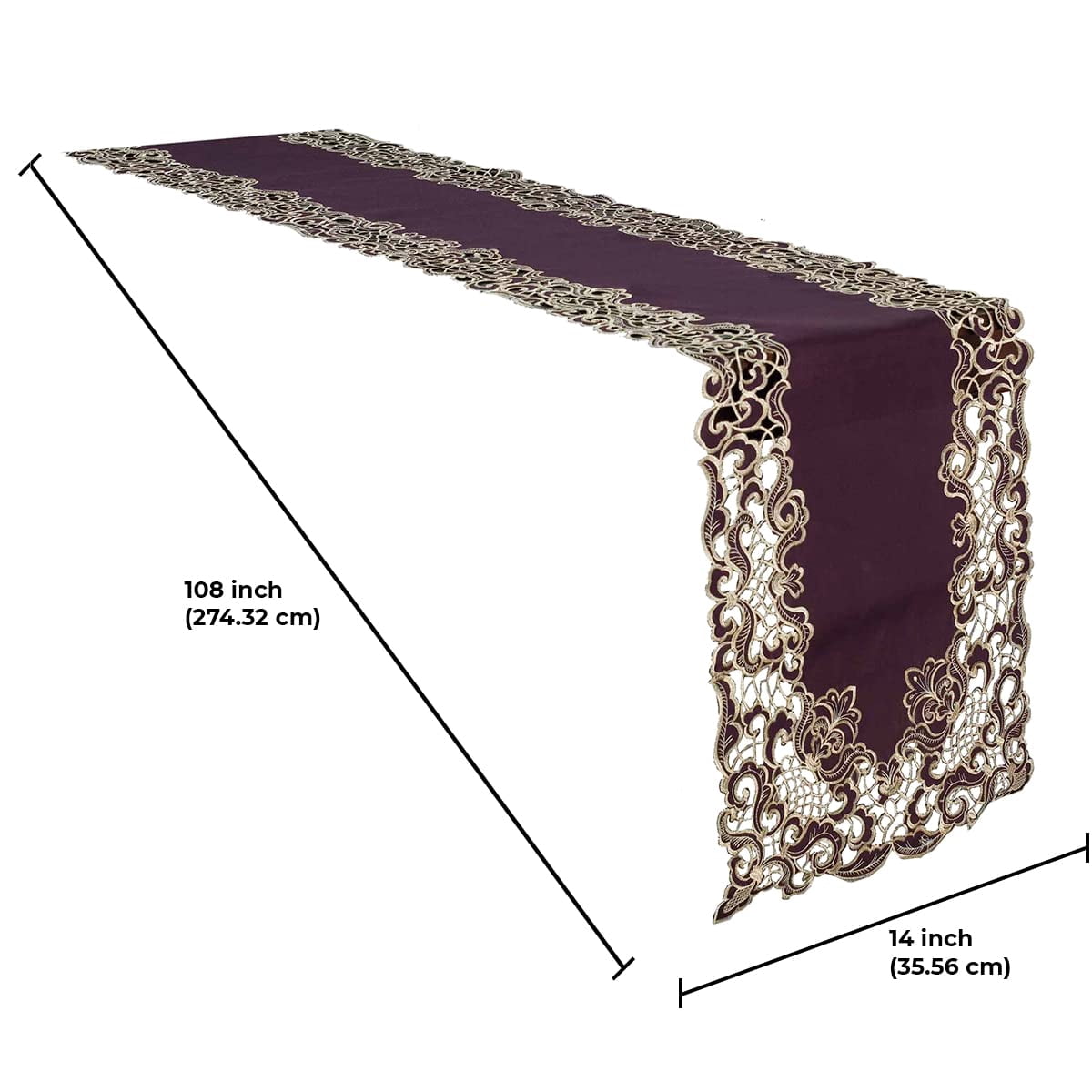 Gold Lace Plum Table Runner - Dresser Scarf European Embroidery - Perfect for Kitchen Dining Room Home Decor Wedding Receptions - 14 x 108 inches - The Granada Collection